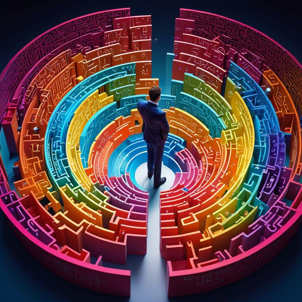 A smartly dressed person standing at the center of a complex, colorful maze made of insurance documents, policies, and tools, with arrows pointing to helpful resources and guides. Include a light bulb above their head symbolizing insight and understanding, as sunlight breaks through the maze, illuminating the path. Convey a sense of empowerment and clarity for the smart consumer. vibrant colors. super-realistic.