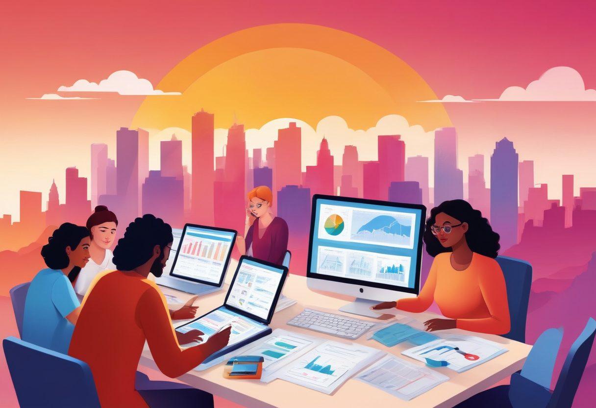 A dynamic composition showcasing a diverse group of consumers interacting with digital insurance tools on their devices, surrounded by visual elements like charts and checklists reflecting insurance coverage. Incorporate symbols of empowerment, such as a rising sun in the background. The scene should convey collaboration and confidence in decision-making. vibrant colors. modern flat style.